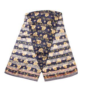 Vintage Equestrian-Themed Silk Scarf With Gold Horse Bit Pattern Navy & Beige